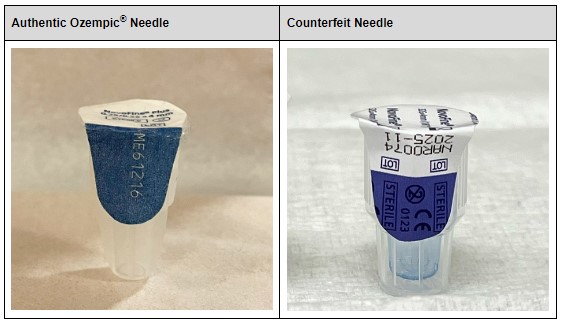 Authentic Ozempic needle side by side with a fraudulent needle